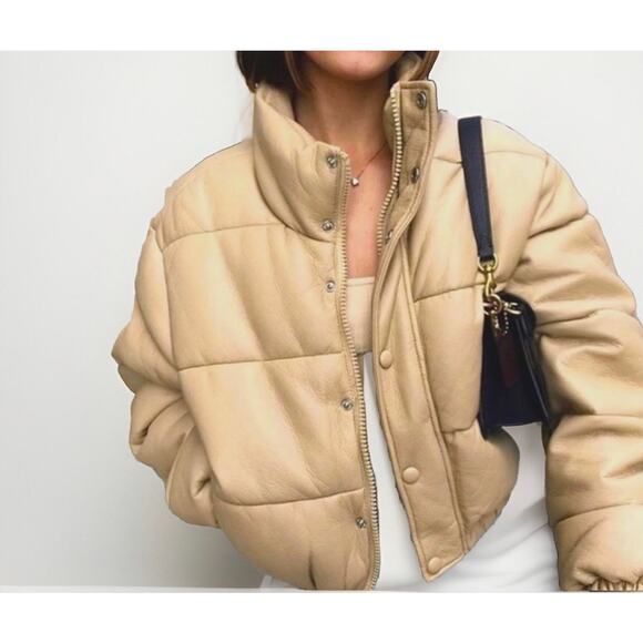 ZARA Faux Leather Puffer Bomber Jacket Small Beige Cream - Picture 1 of 10